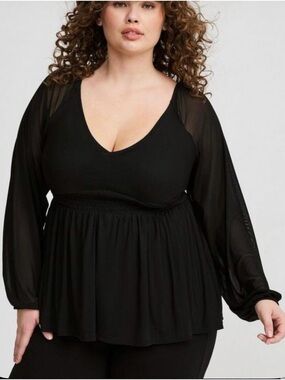 torrid Black V-Neck Peplum Blouse with Sheer Mesh Sleeves
